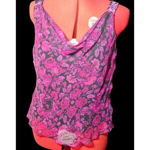 Vintage Sleeveless Floral Beaded shoulder Top Blouse With Cowl Neck In Pink & Bl